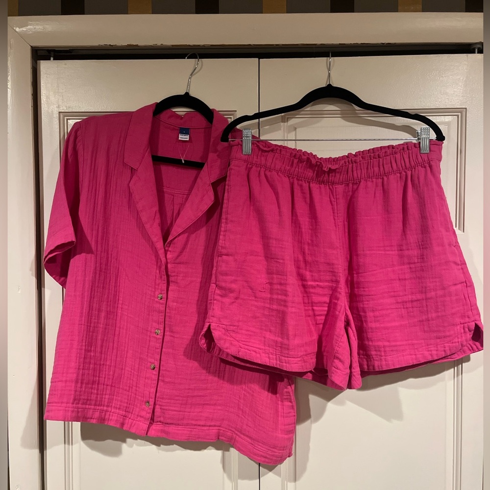 Old Navy Gauze 100% Cotton Hot Pink Shorts Set - Size L